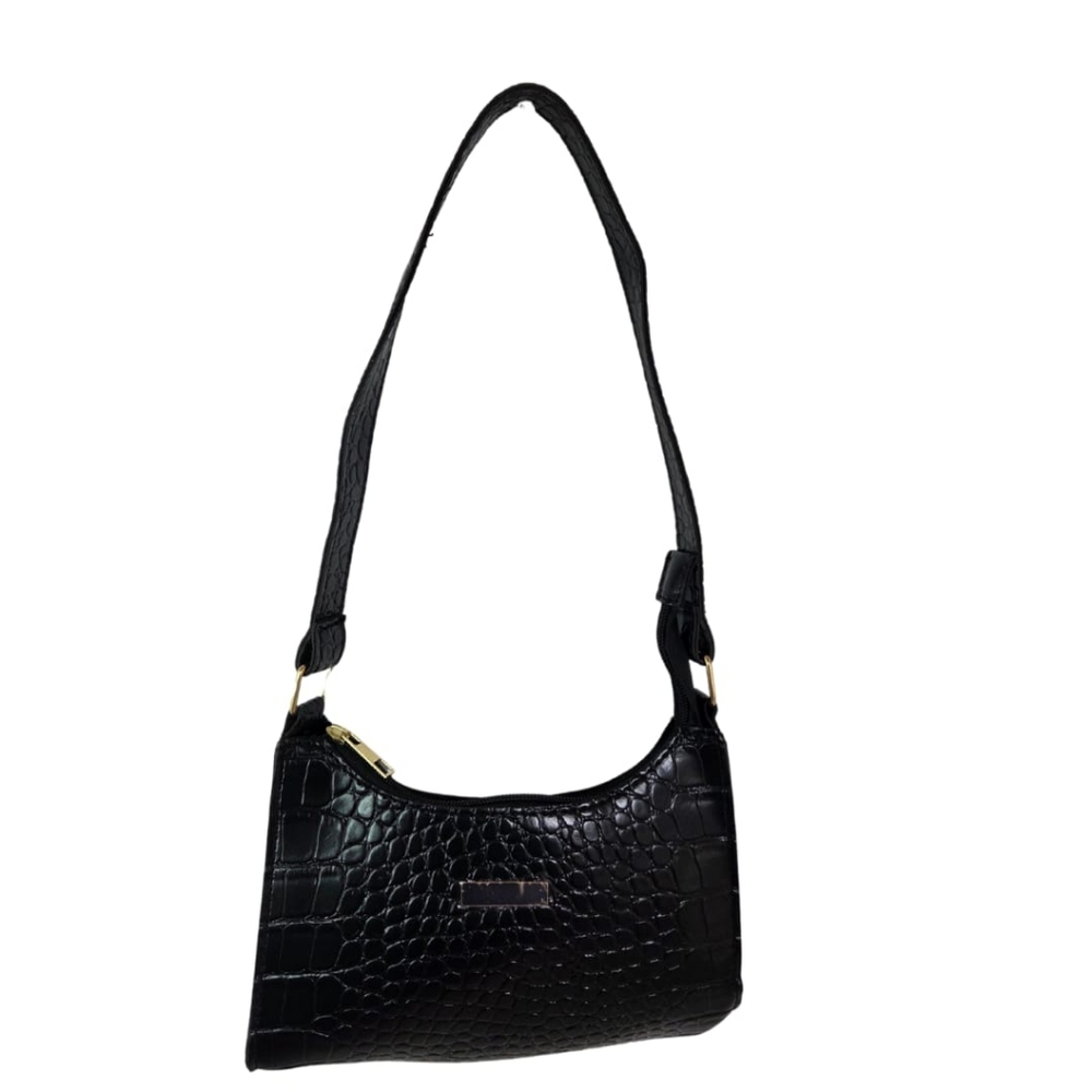 Elegant Black Crocodile-Embossed Shoulder Bag